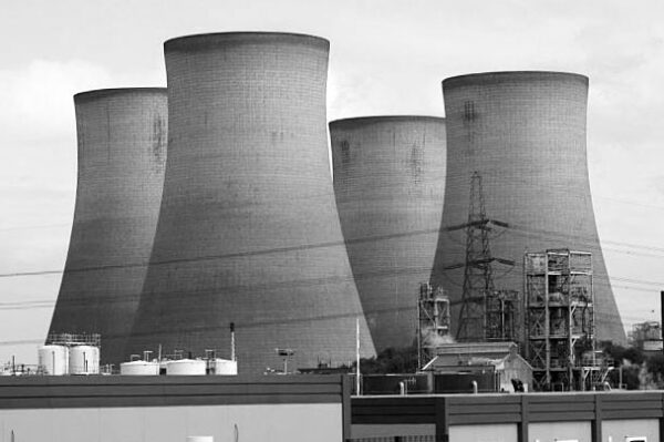 Black and white image of cooling towers