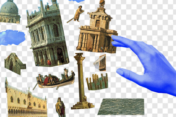 A digital collage of Canaletto's buildings and a blue hand reaching over the images.