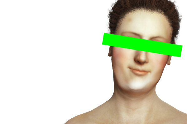 Digitally constructed image of a woman with a green stripe covering her eyes.